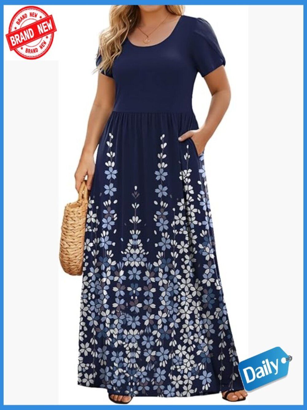 Plus Size Maxi Dress with Pockets Petal Short Sleeve Loose Fit